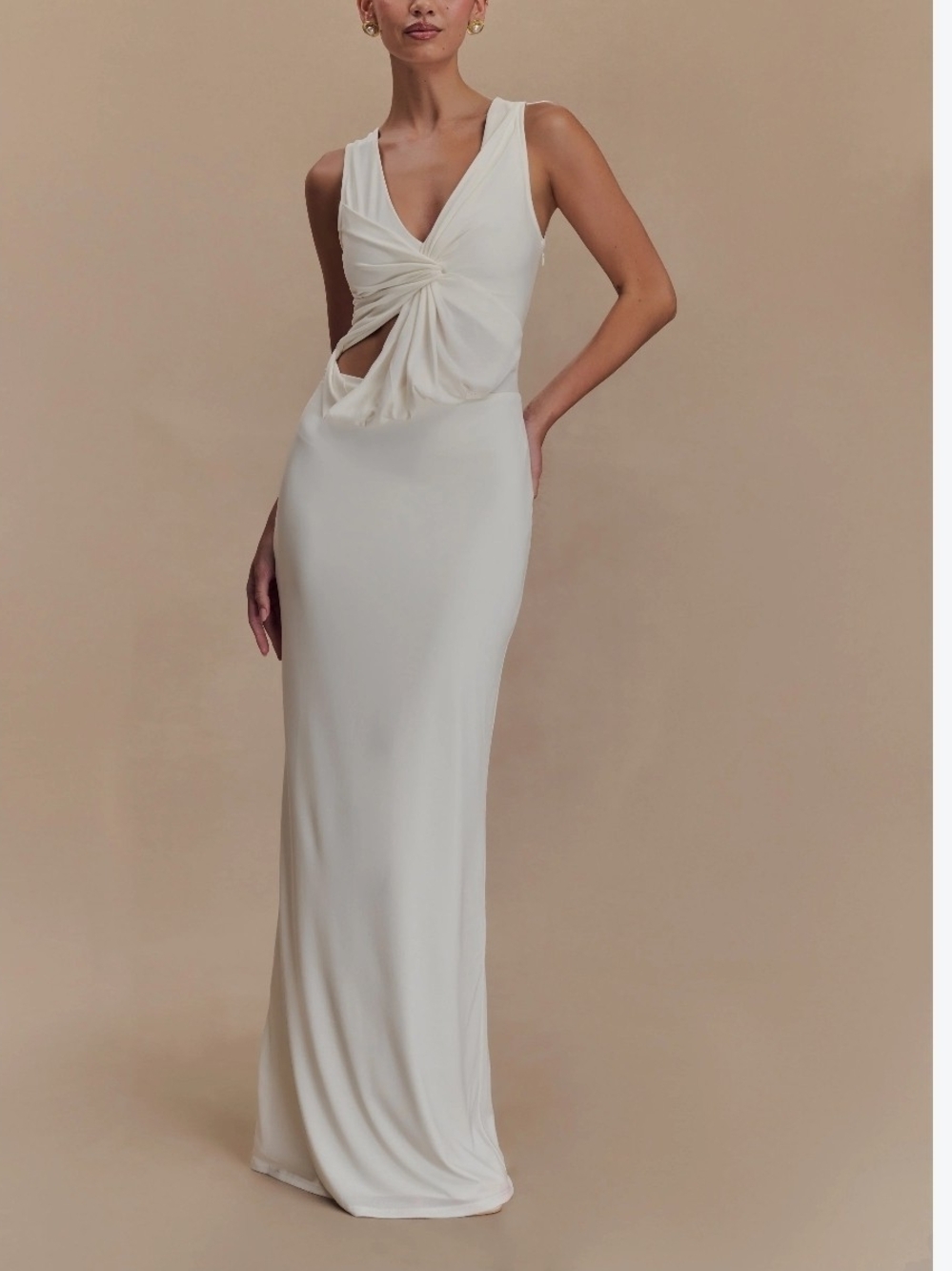 MESHKI Kassidy Ruched Cut Out Jersey Maxi Dress Ivory Size S KN08119KD1